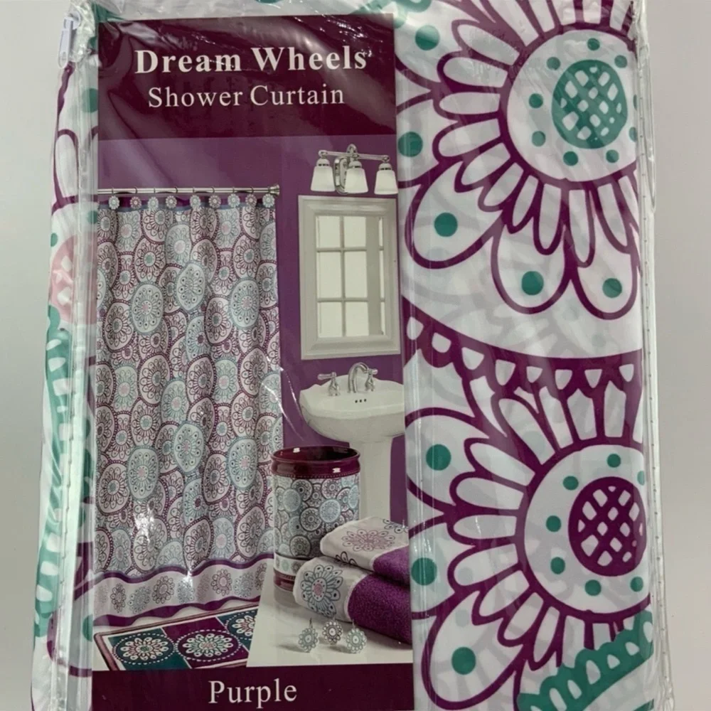Dream Wheels Fabric Material Shower Curtain 70in X 72 in Purple Teal White